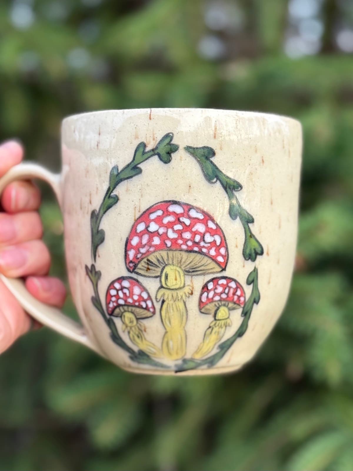 Hand-painted amanita mushroom ceramic mug