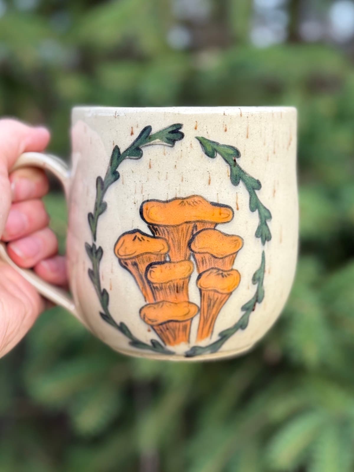 Hand-painted chanterelle mushroom ceramic mug