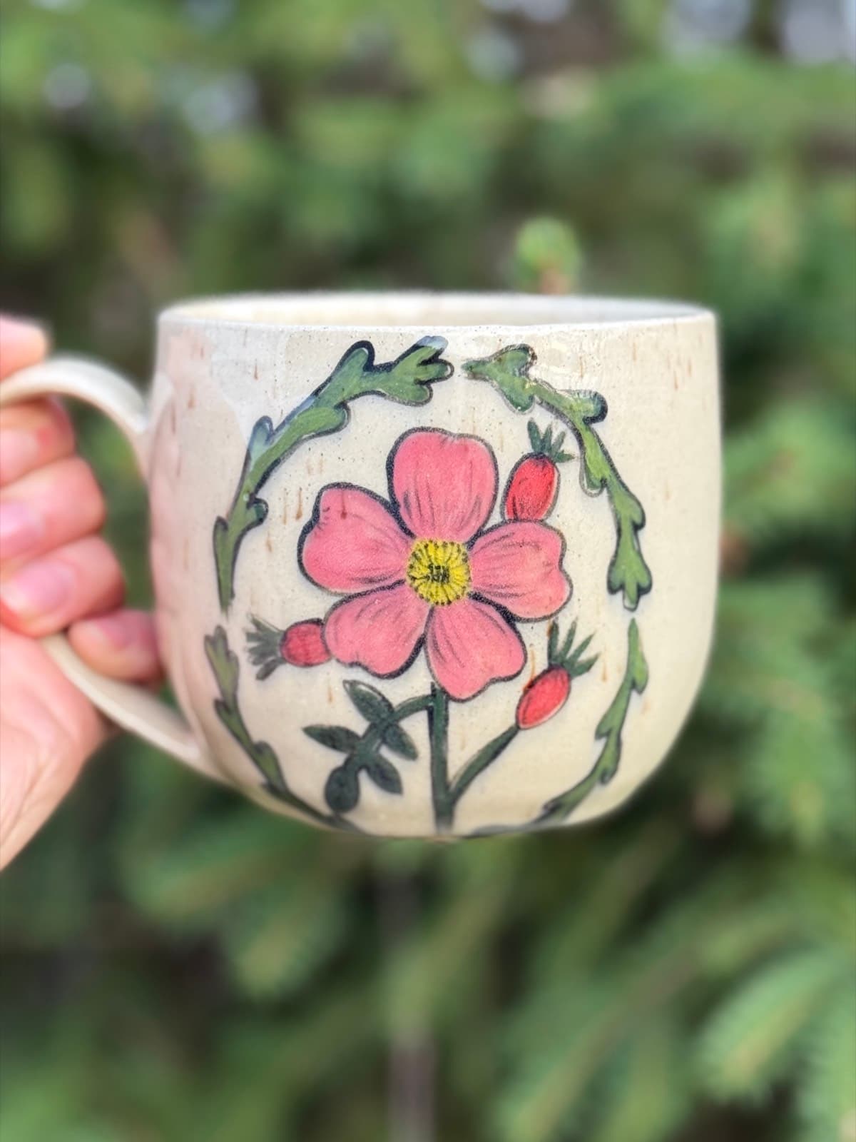 Hand-painted wild rose ceramic mug