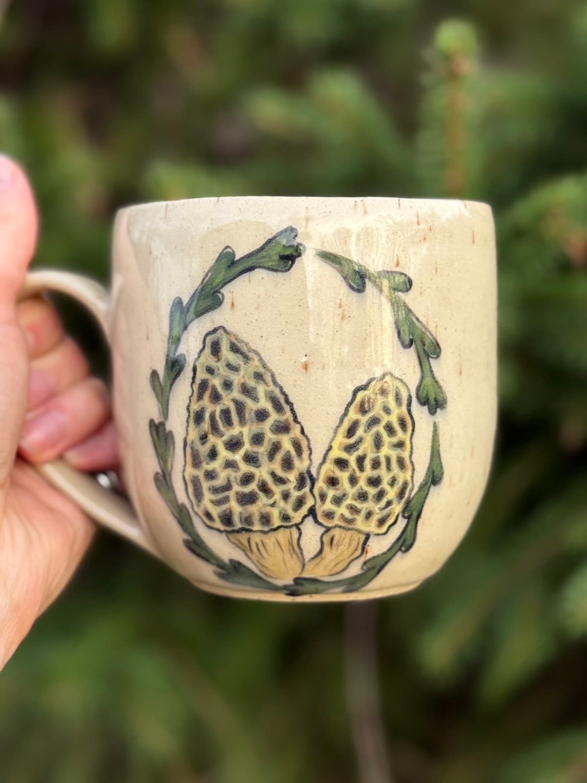 Hand painted morel mushroom mug