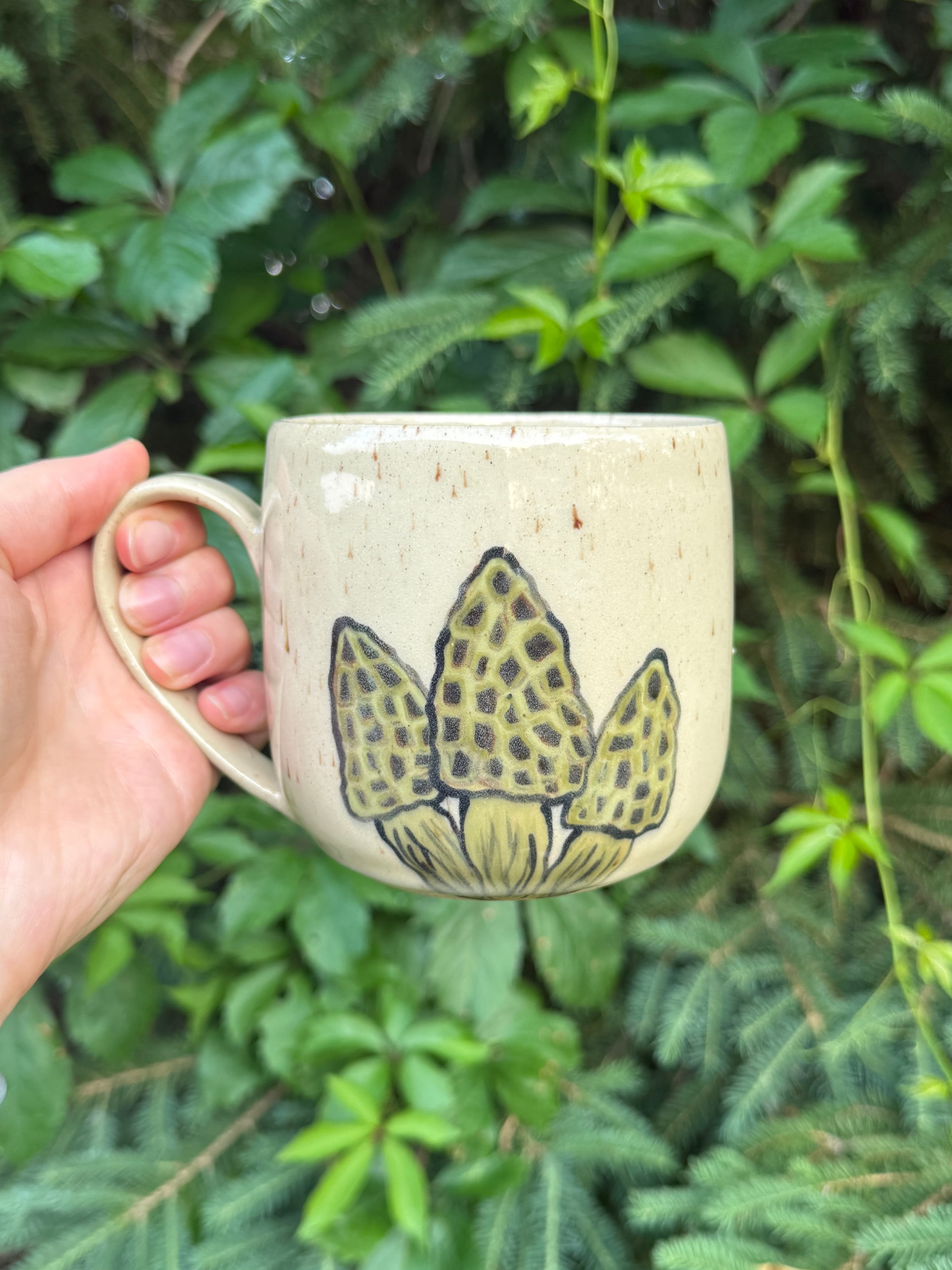 Hand-painted morel mushroom ceramic mug